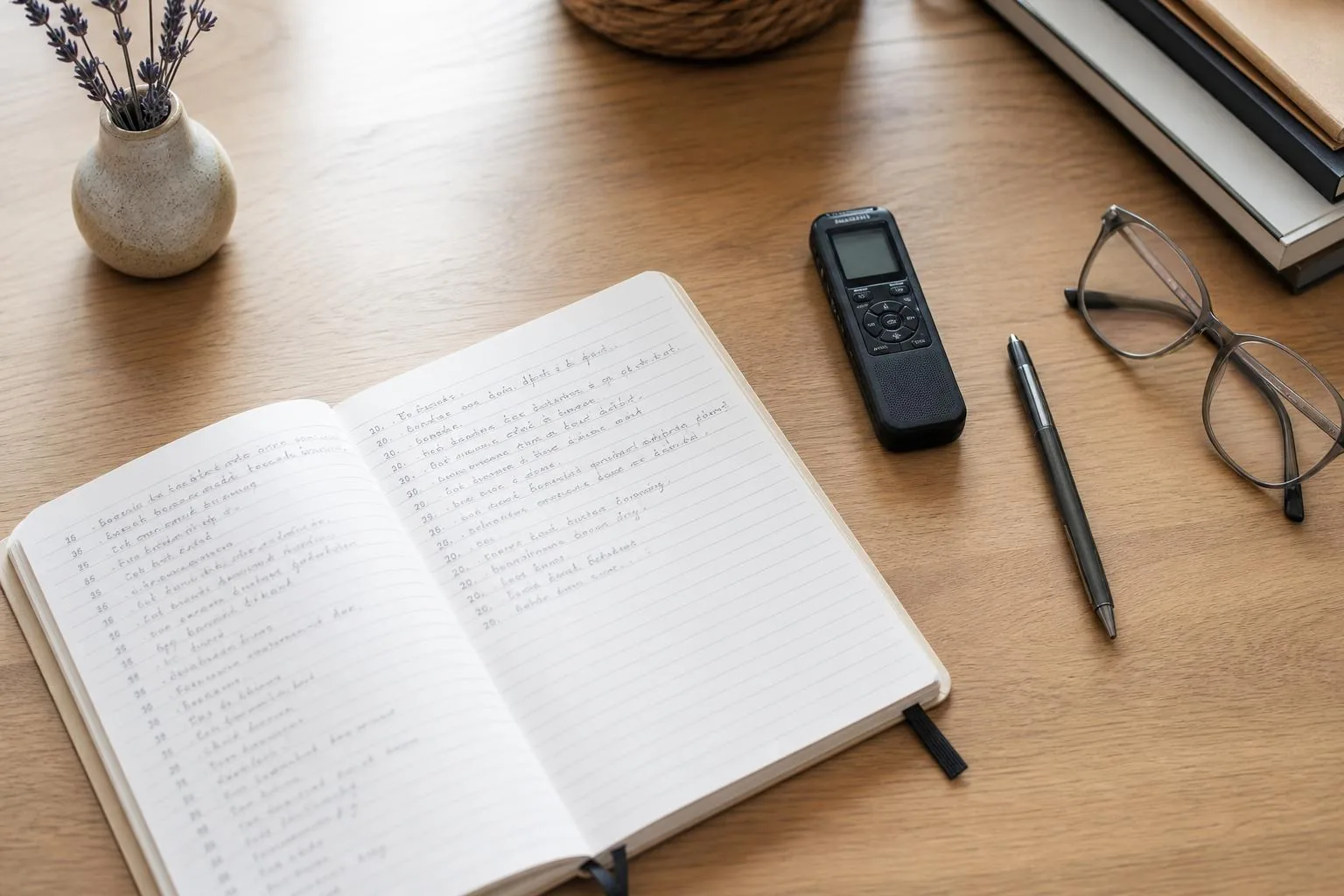 Speech-language pathologist workspace with notebook, audio recorder, and pen