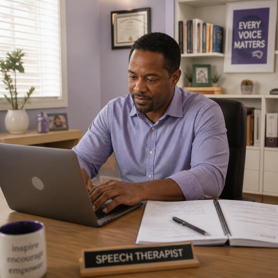 A speech therapist writing clinical notes at a desk in a private clinic office