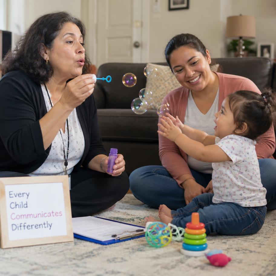 An early-intervention speech-language pathologist playing with a toddler and parent during a home visit