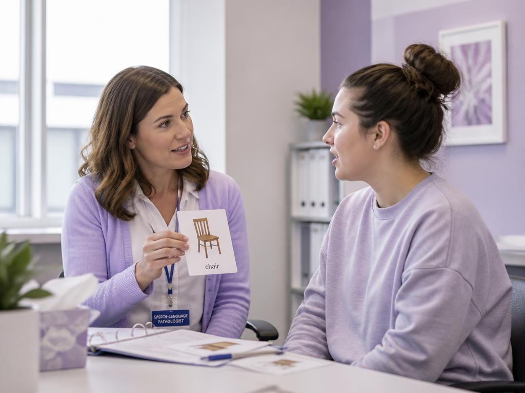 A speech-language pathologist meeting with a young adult patient in a bright outpatient therapy room