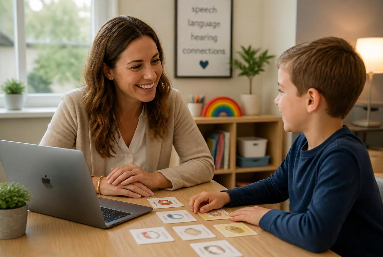 A speech-language pathologist working one-on-one with a school-age child at a table